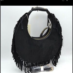 Fringed Crescent Shoulder Bag in Black